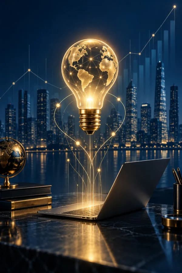 A glowing globe-filament bulb above a laptop, innovation powering global strategy.