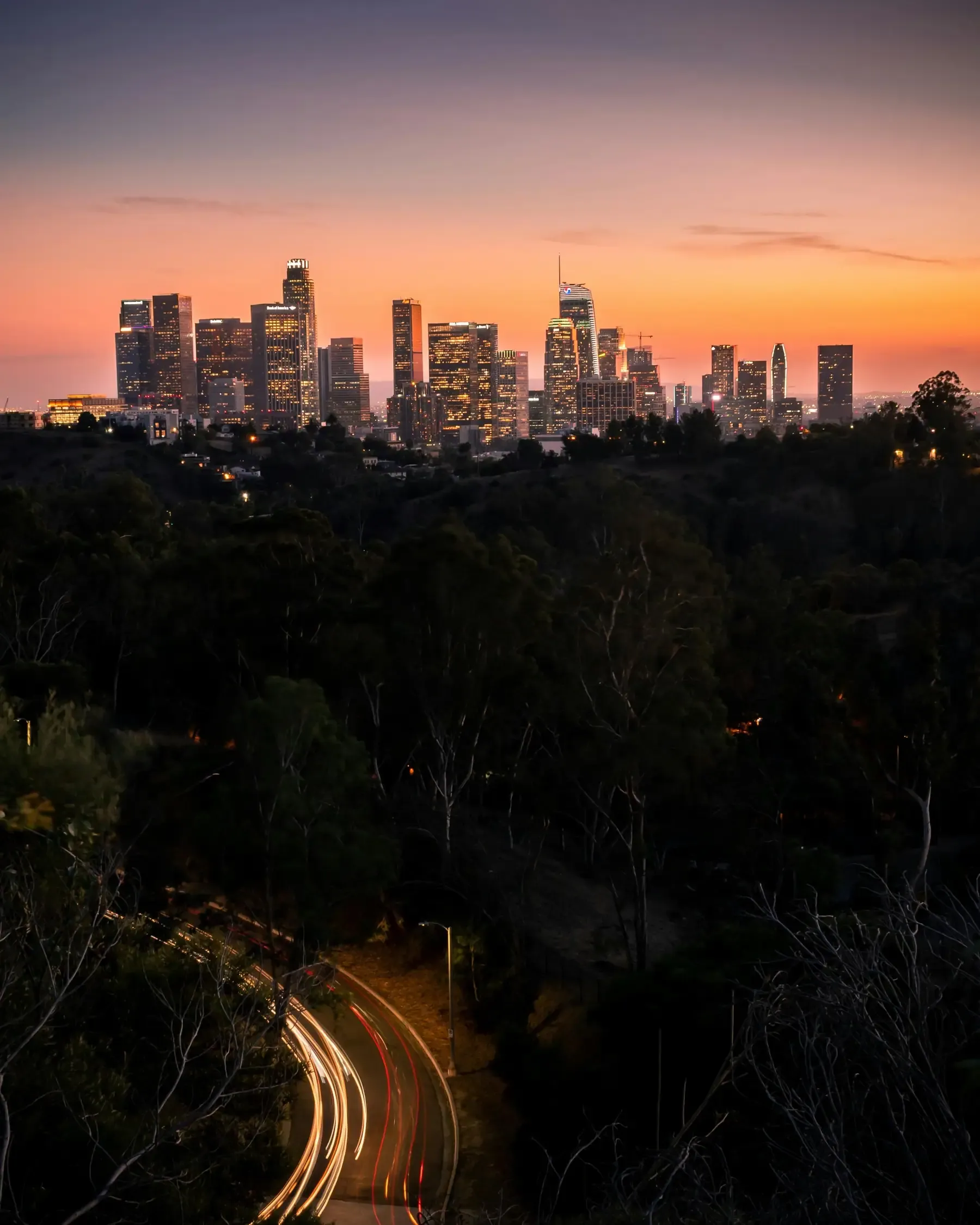 Los Angeles skyline silhouetted at sunset