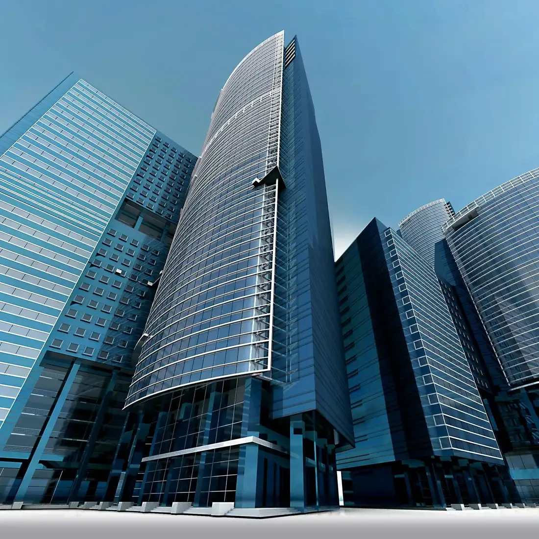 Upward perspective of modern glass office towers