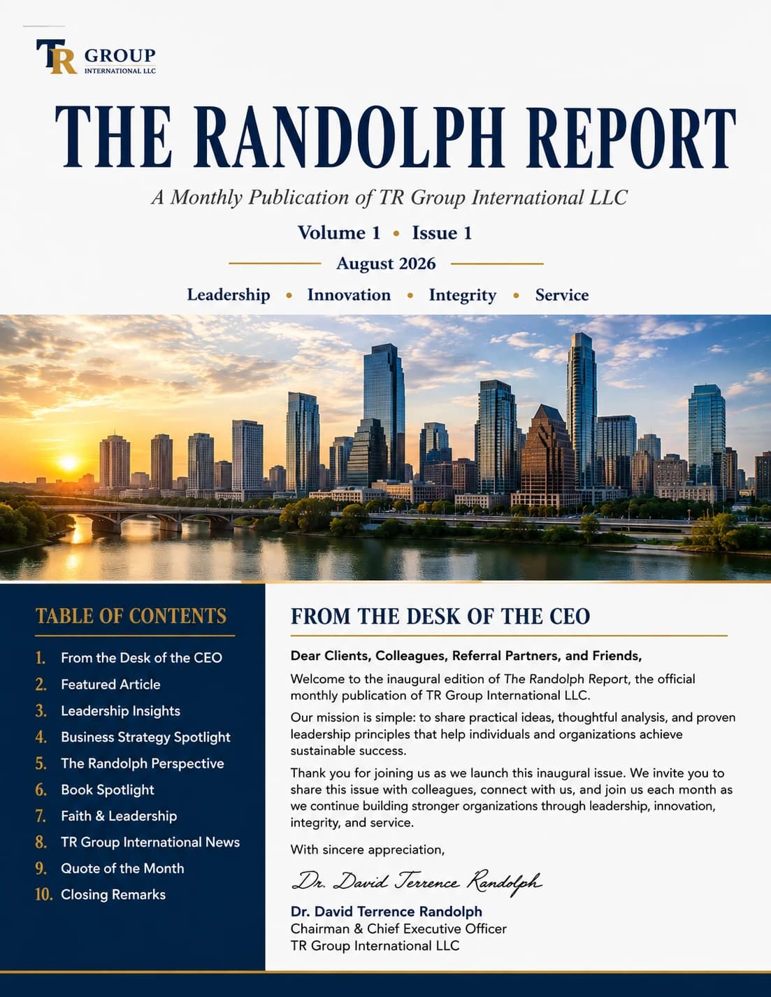 The Randolph Report, Volume 1, Issue 1 — the inaugural cover, dated August 2026.
