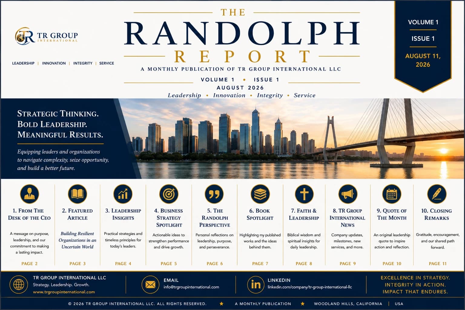 The Randolph Report front page — masthead, feature headlines, and the ten-section contents for the inaugural issue.