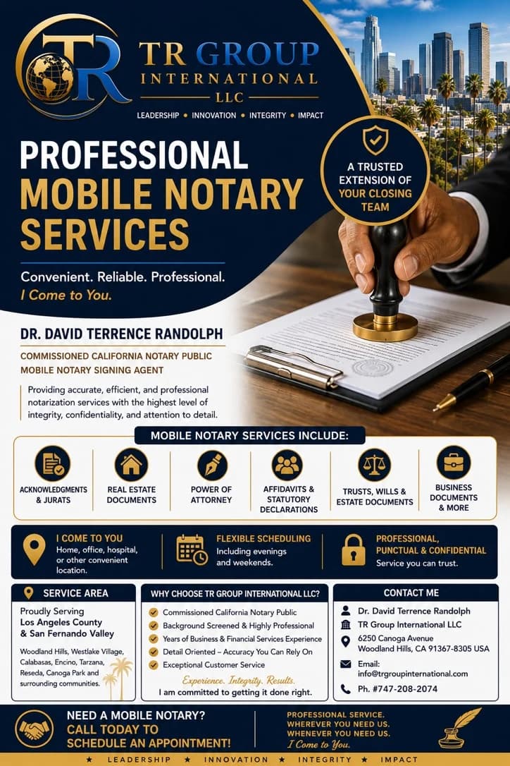 TR Group International — Professional Mobile Notary Services flyer featuring Dr. David T. Randolph, Commissioned California Notary Public