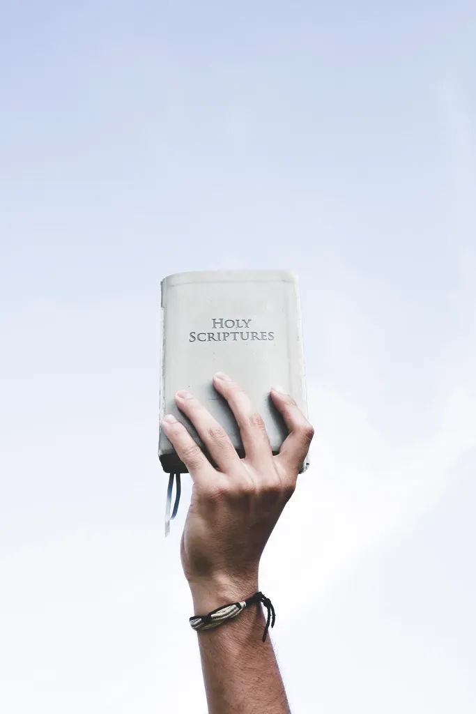 A hand holding up a small Bible.